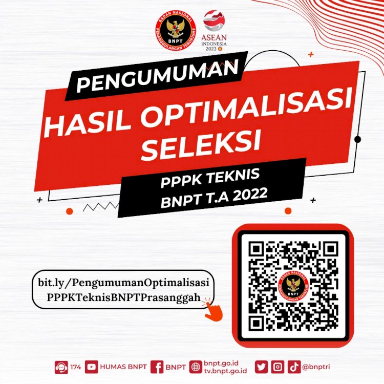 PENGUMUMAN HASIL OPTIMALISASI SELEKSI PEGAWAI PEMERINTAH DENGAN PERJANJIAN KERJA (PPPK) TENAGA TEKNIS BADAN NASIONAL PENANGGULANGAN TERORISME TAHUN ANGGARAN 2022